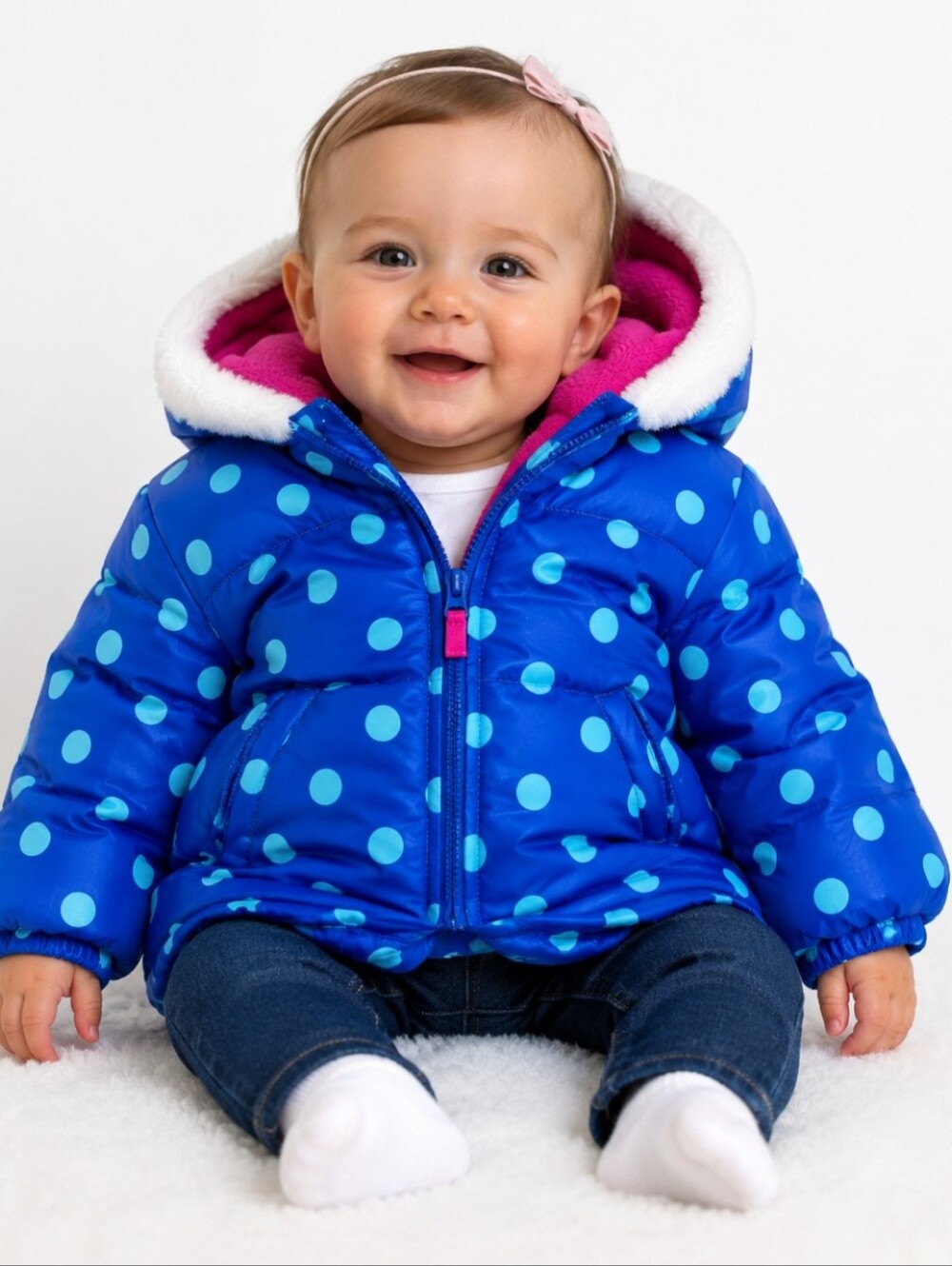 Gymboree Vintage Baby Girls 12-24M Blue Polka Dot Puffer Jacket Pink Lining Hood